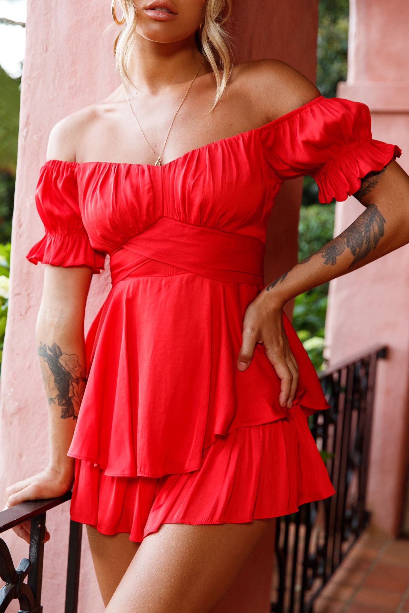 Linka Off-Shoulder Tie Back Romper Red-Maymioy