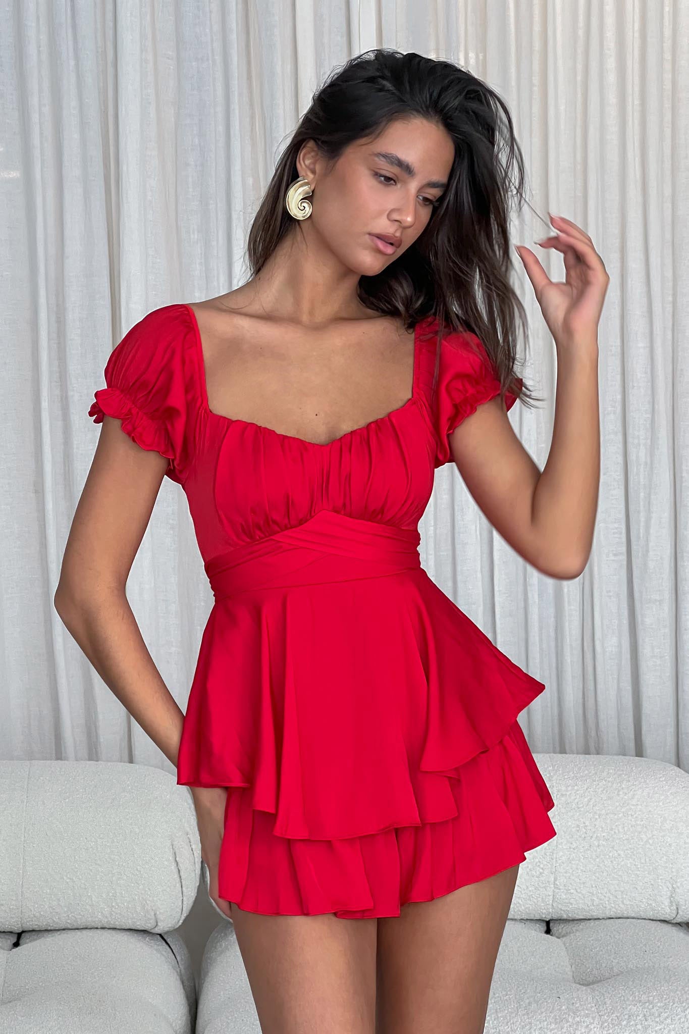 Linka Off-Shoulder Tie Back Romper Red-Maymioy