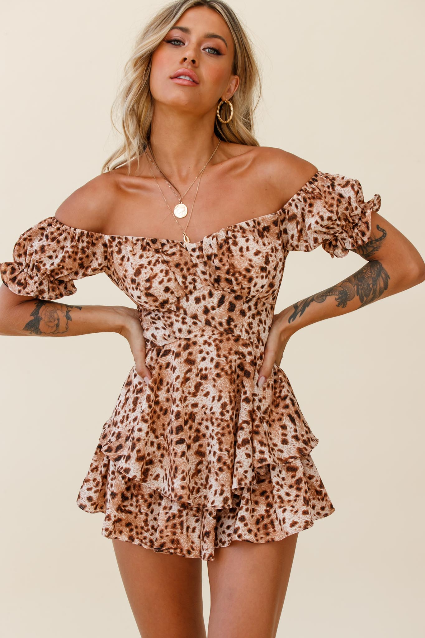 Linka Off-Shoulder Tie Back Romper Leopard Print Brown-Maymioy