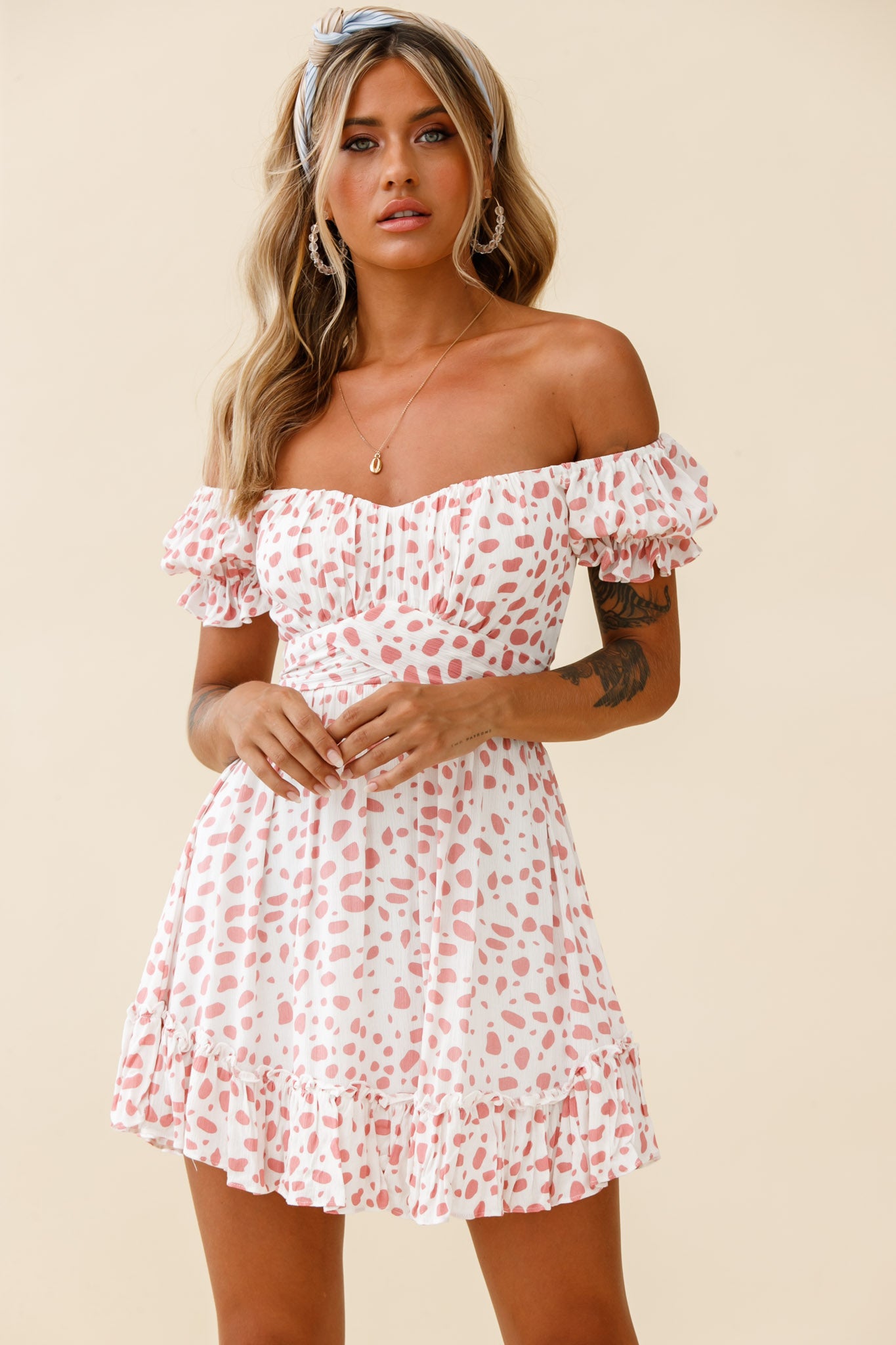 Linka Off-Shoulder Tie Back Dress Spot Print Pink/White-Maymioy