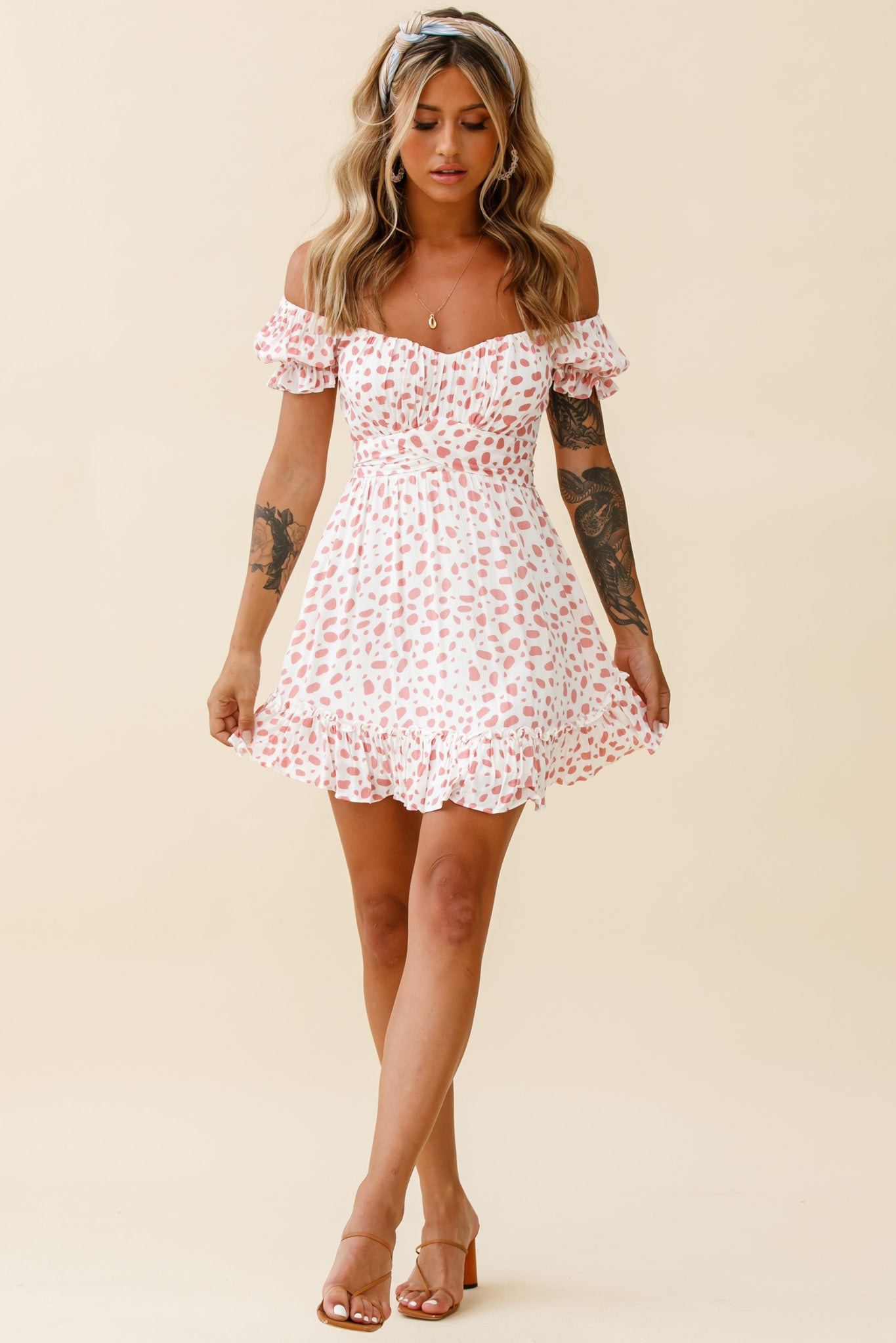Linka Off-Shoulder Tie Back Dress Spot Print Pink/White-Maymioy