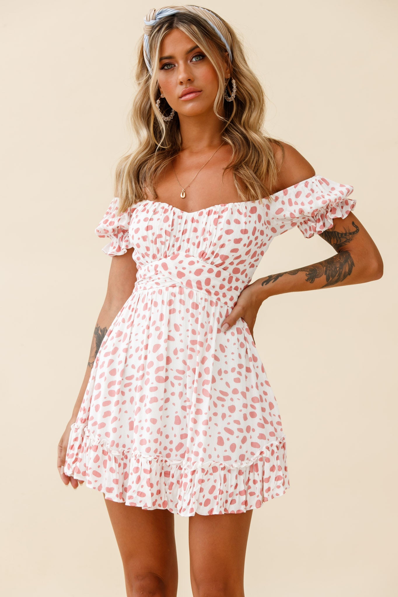 Linka Off-Shoulder Tie Back Dress Spot Print Pink/White-Maymioy