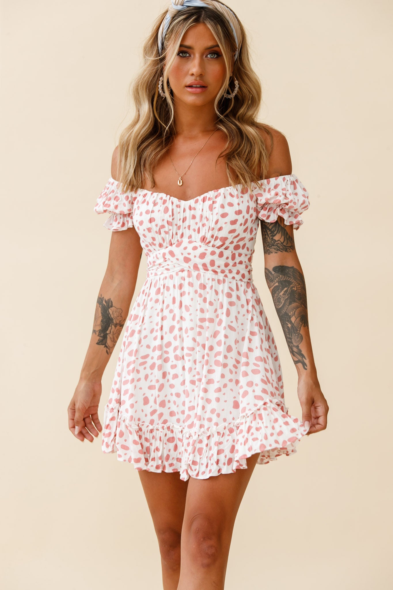 Linka Off-Shoulder Tie Back Dress Spot Print Pink/White-Maymioy