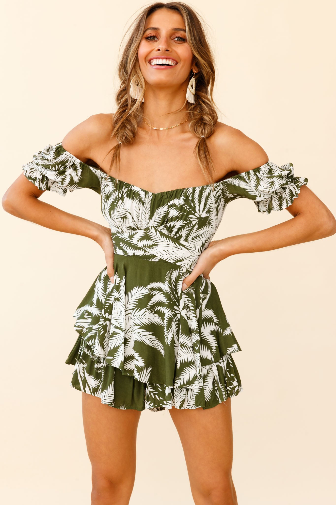 Linka Off-Shoulder Tie Back Romper Palm Print Olive-Maymioy