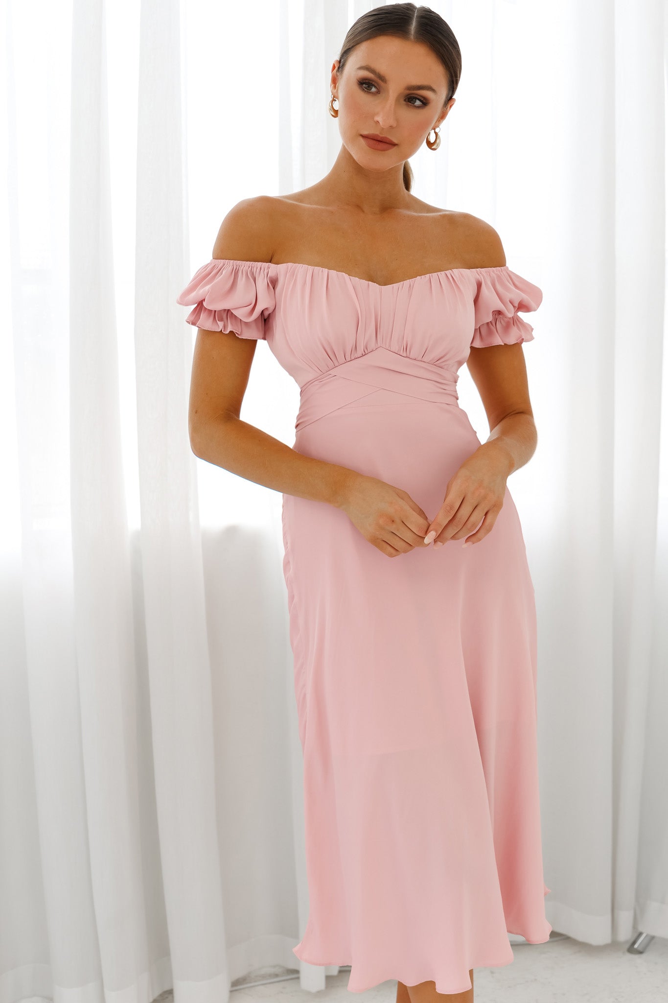 Linka Off-Shoulder Tie Back Midi Dress Blush-Maymioy