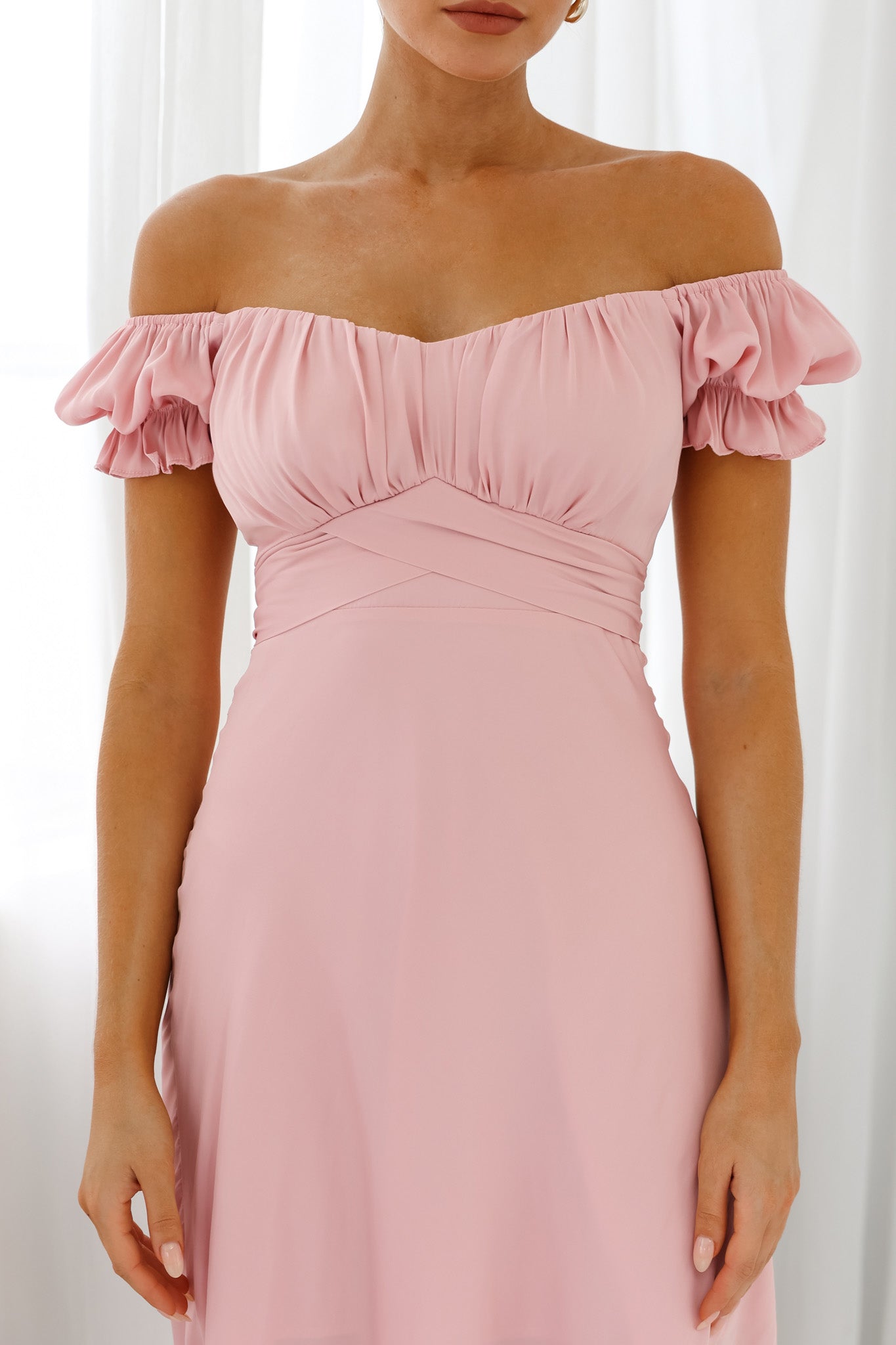 Linka Off-Shoulder Tie Back Midi Dress Blush-Maymioy