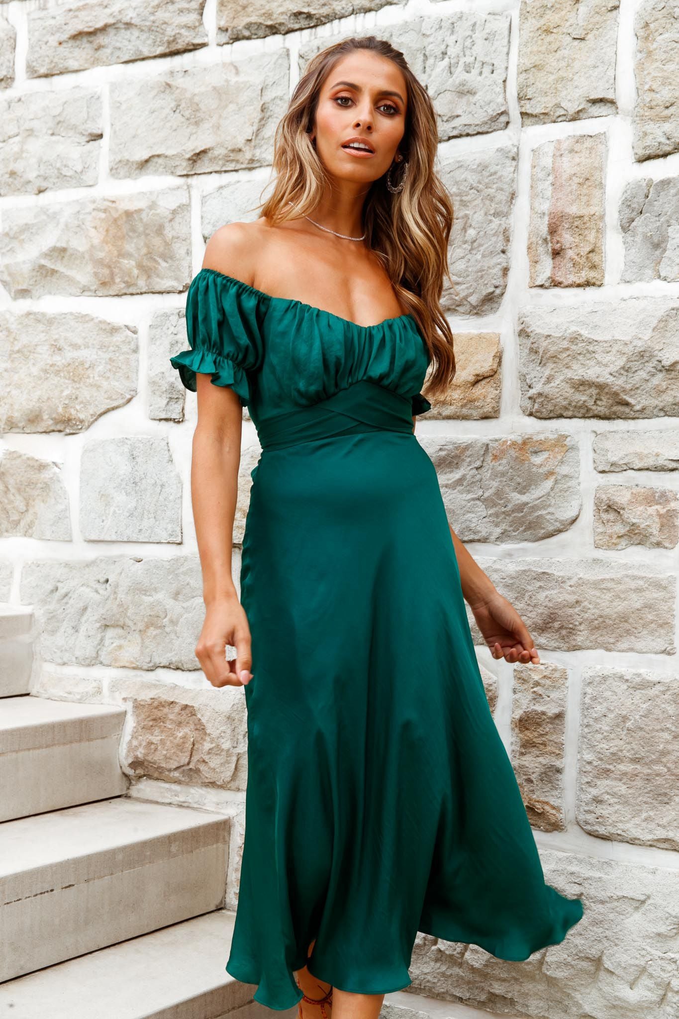 Linka Off-Shoulder Tie Back Midi Dress Forest Green-Maymioy
