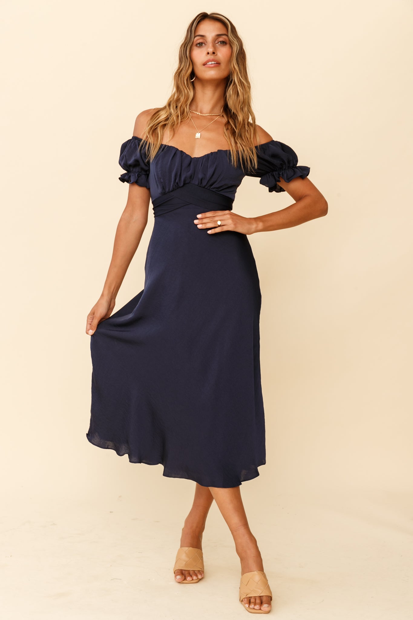 Linka Off-Shoulder Tie Back Midi Dress Navy-Maymioy