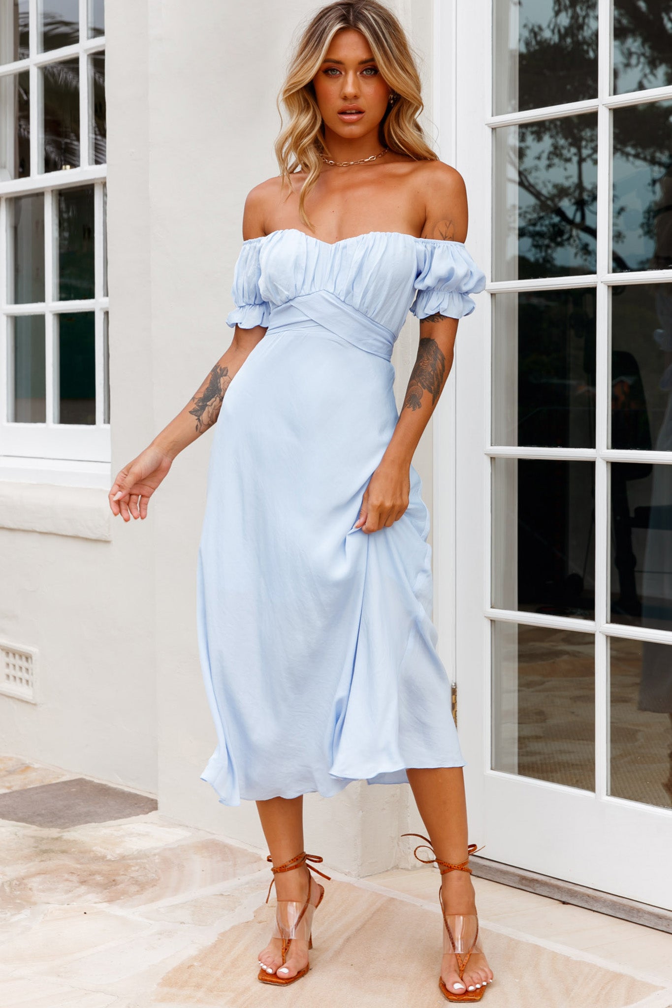Linka Off-Shoulder Tie Back Midi Dress Steel Blue-Maymioy