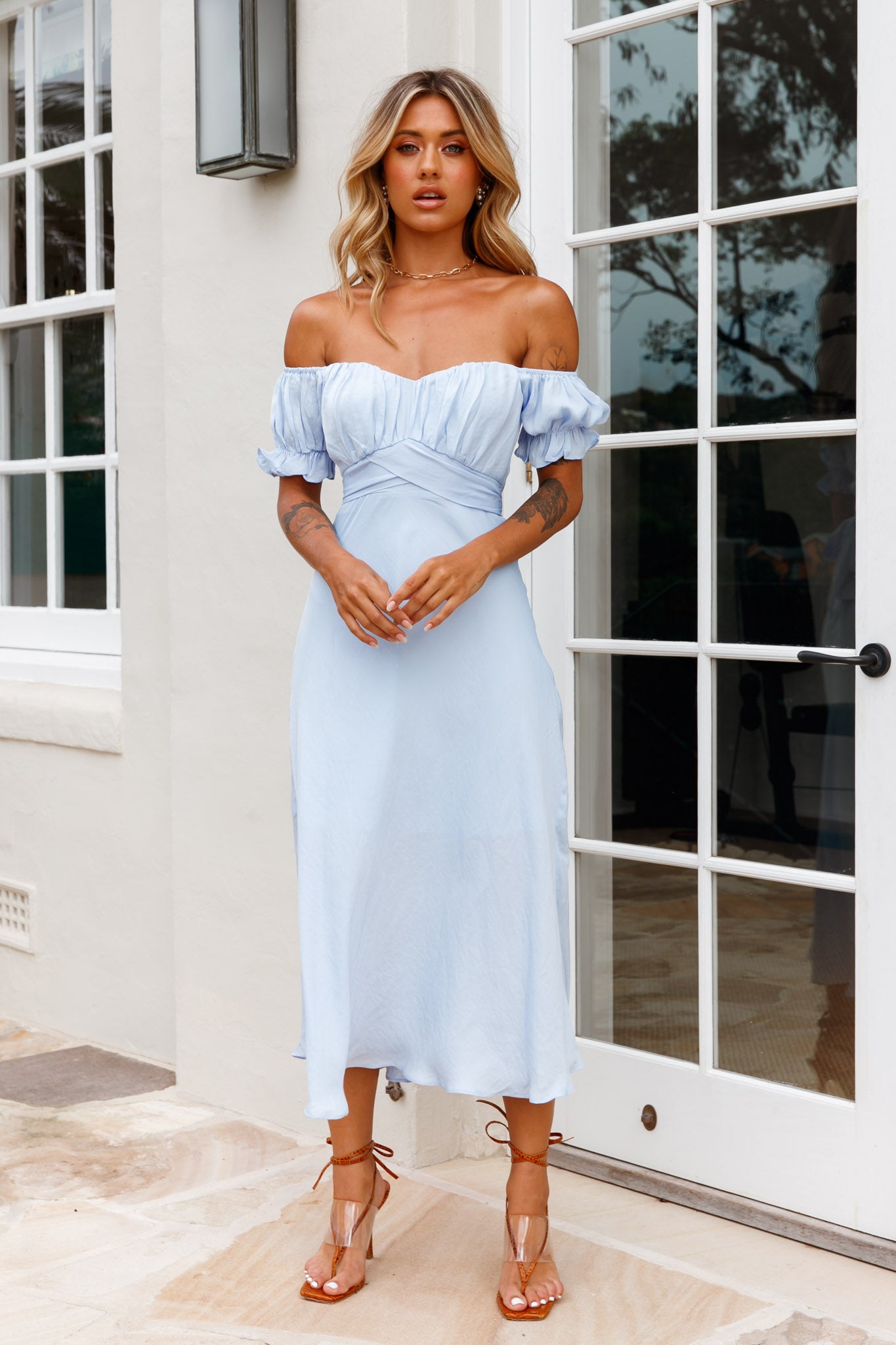 Linka Off-Shoulder Tie Back Midi Dress Steel Blue-Maymioy