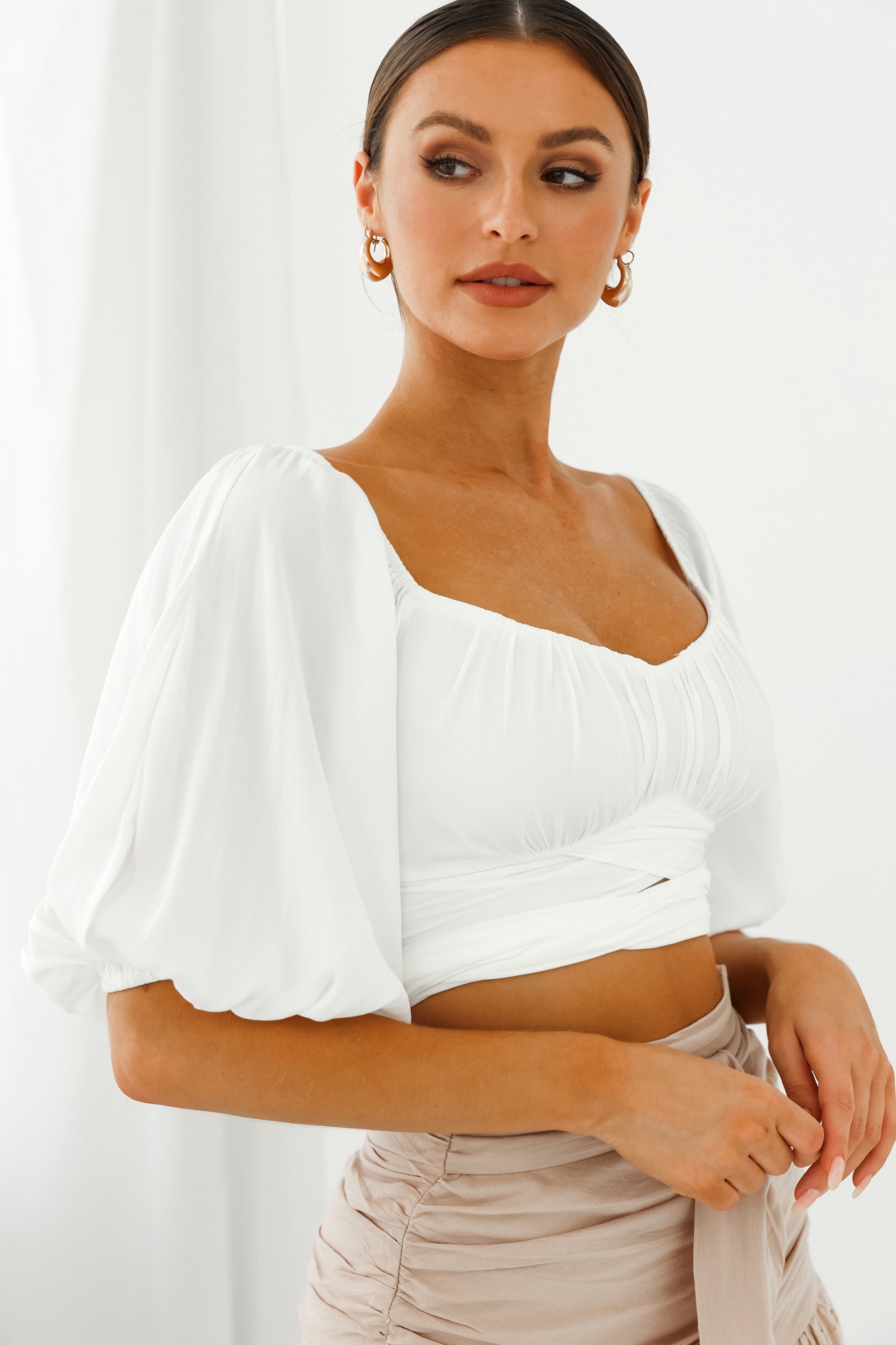 Linka Off-Shoulder Half Sleeve Tie-Back Crop Top White-Maymioy