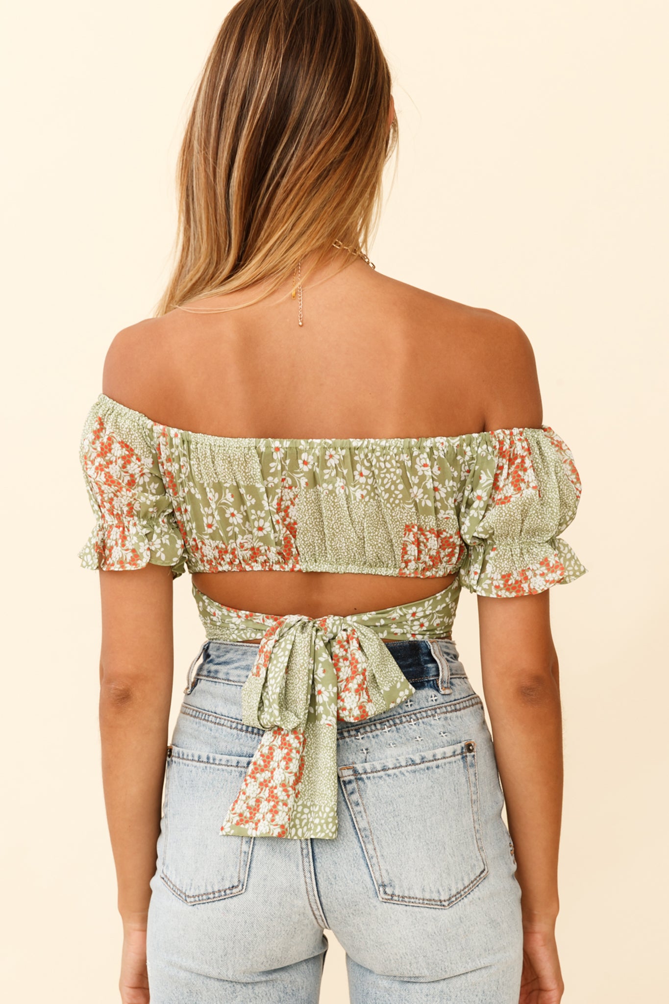 Linka Off-Shoulder Tie-Back Crop Top Mini Flower Print Green-Maymioy