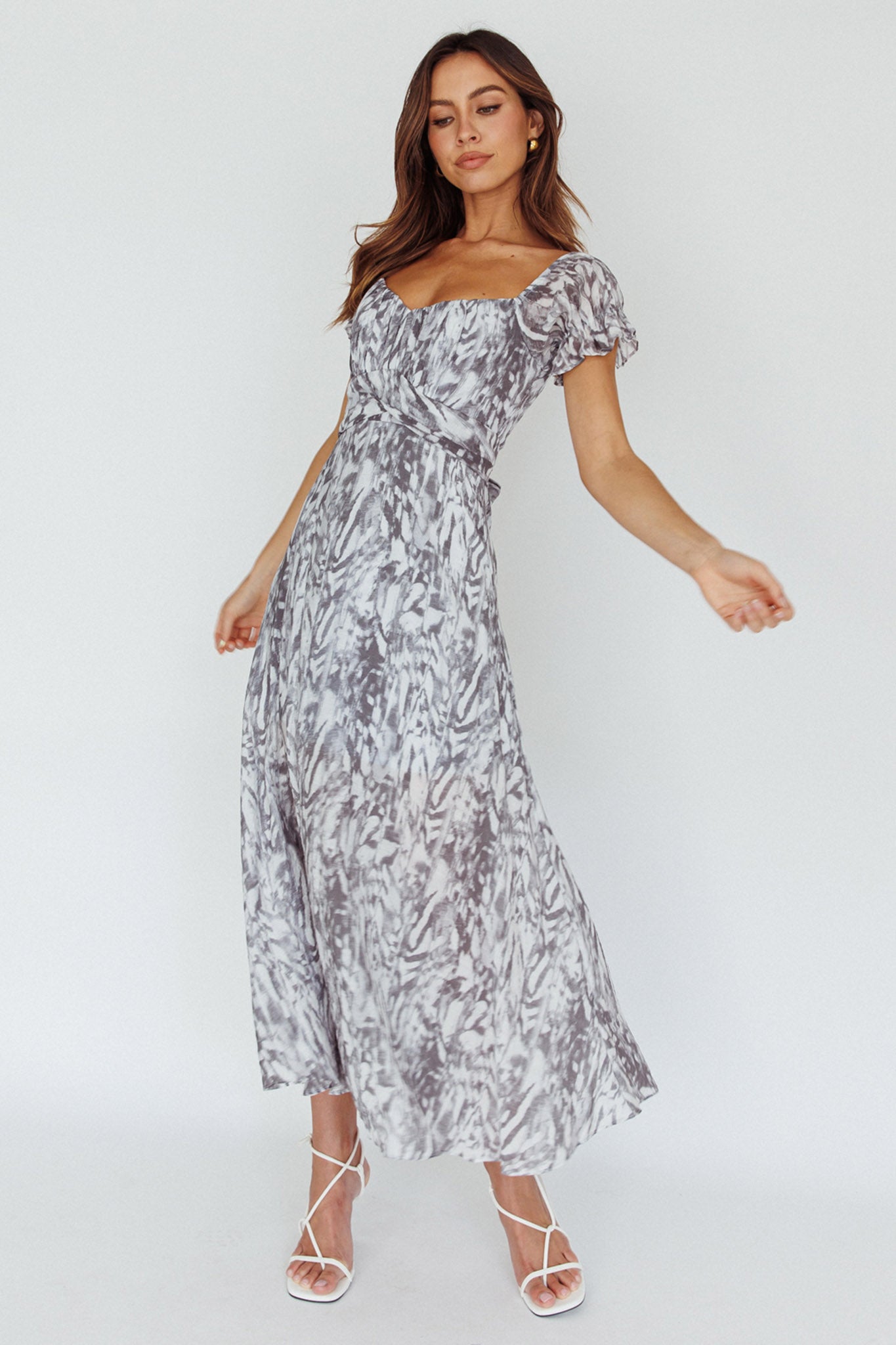 Linka Off-Shoulder Tie Back Midi Dress Printed Grey-Maymioy