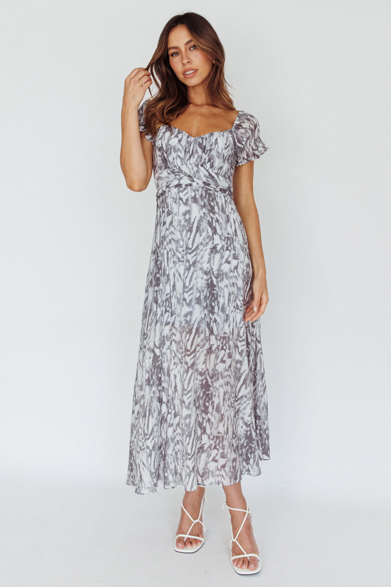 Linka Off-Shoulder Tie Back Midi Dress Printed Grey-Maymioy