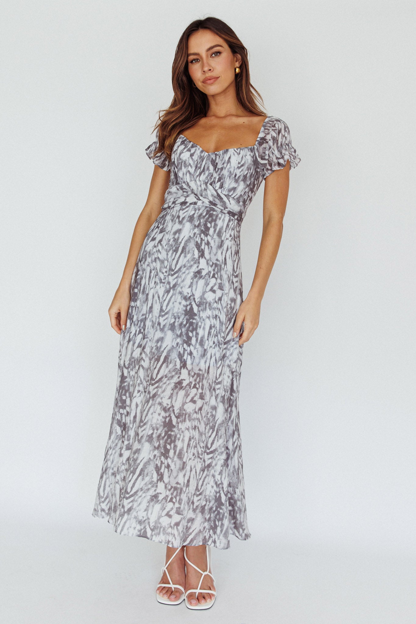 Linka Off-Shoulder Tie Back Midi Dress Printed Grey-Maymioy