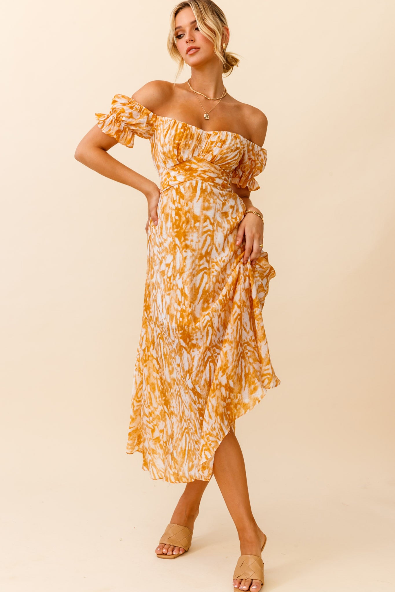 Linka Off-Shoulder Tie Back Midi Dress Printed Orange-Maymioy