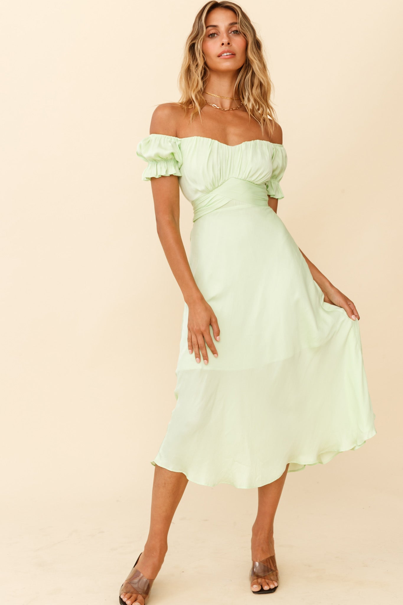 Linka Off-Shoulder Tie Back Midi Dress Apple-Maymioy