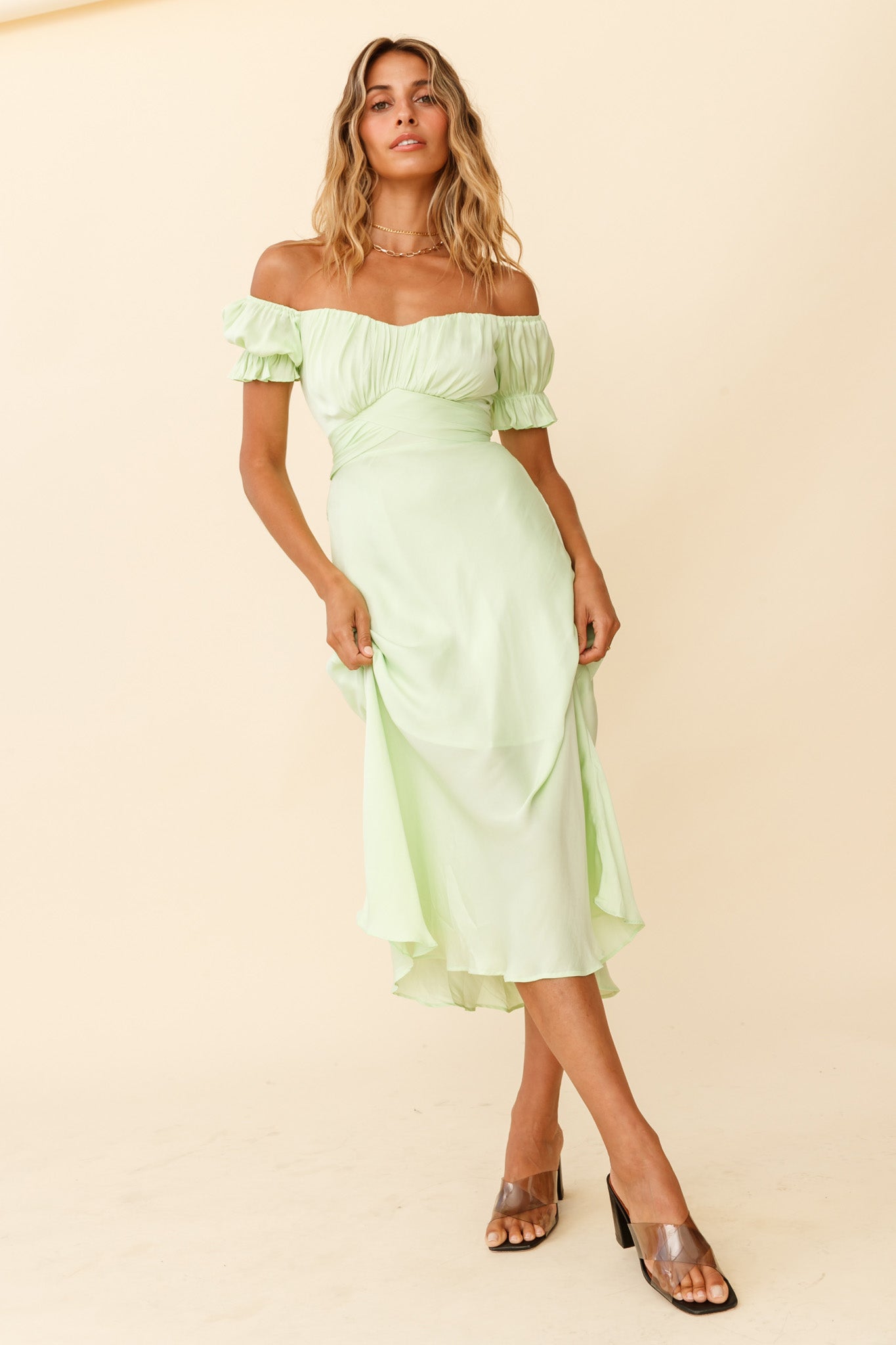 Linka Off-Shoulder Tie Back Midi Dress Apple-Maymioy