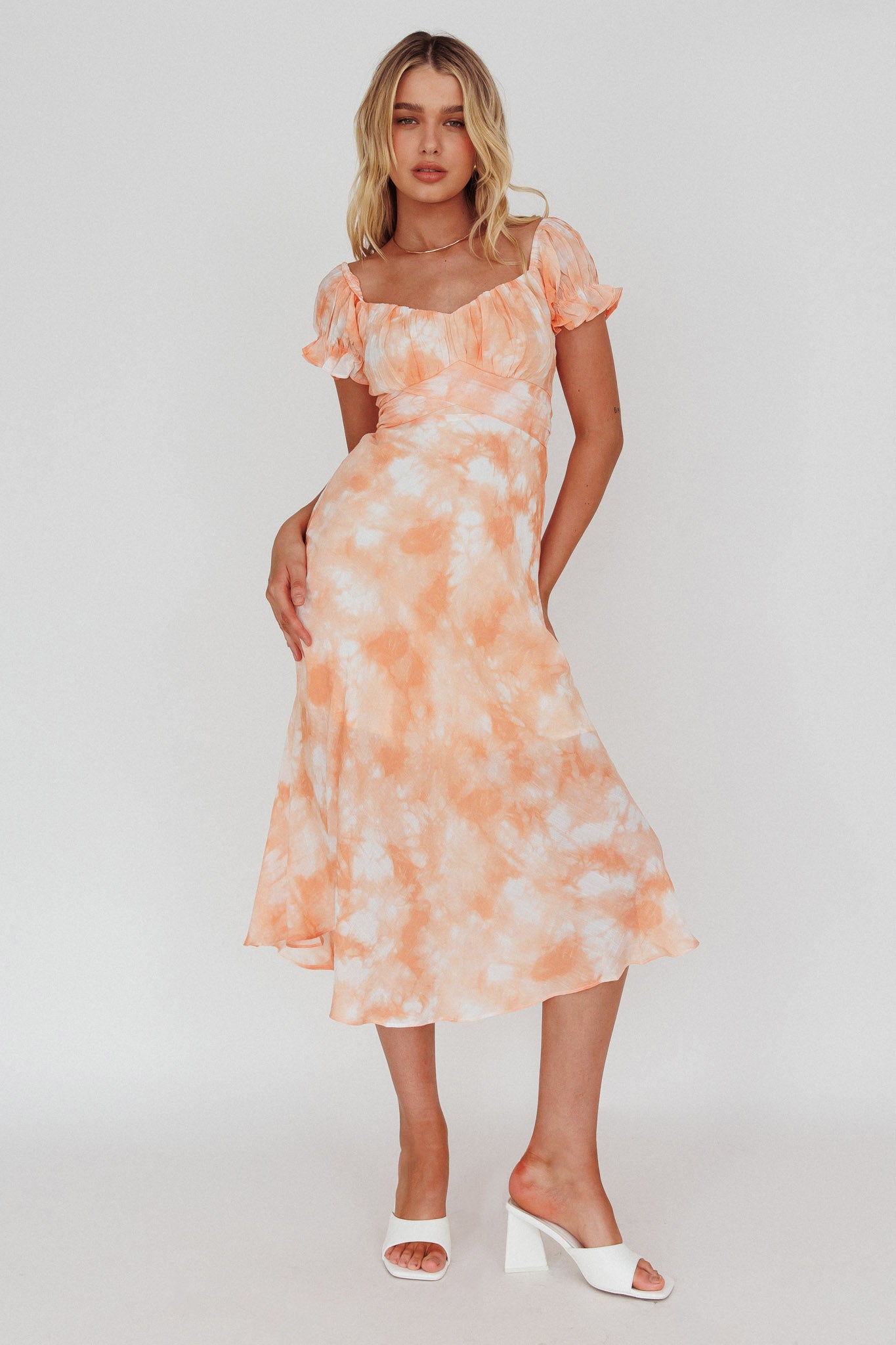 Linka Puff Sleeve Midi Dress Tie-Dye Orange-Maymioy