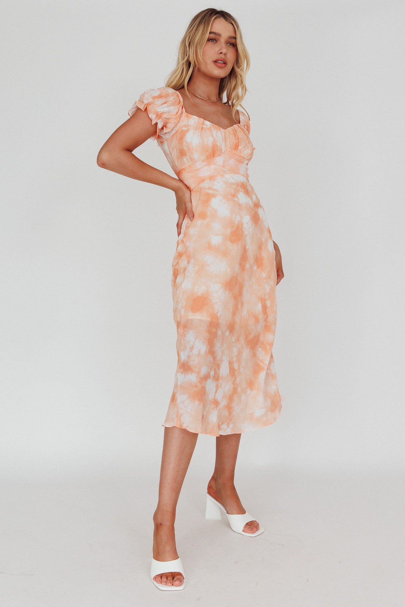 Linka Puff Sleeve Midi Dress Tie-Dye Orange-Maymioy