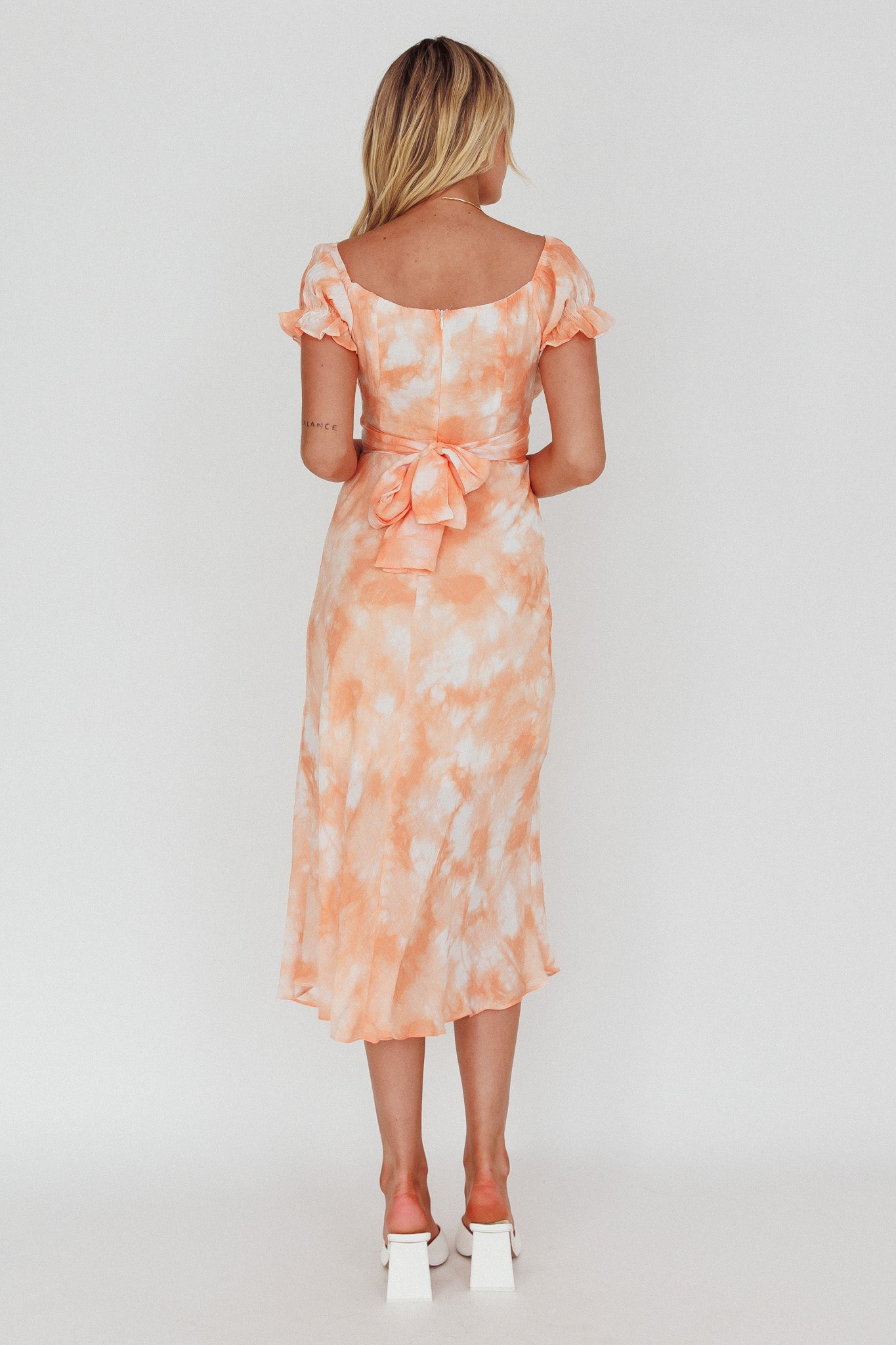 Linka Puff Sleeve Midi Dress Tie-Dye Orange-Maymioy