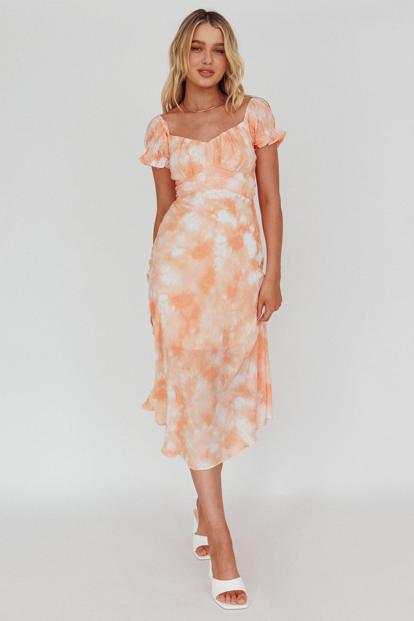 Linka Puff Sleeve Midi Dress Tie-Dye Orange-Maymioy