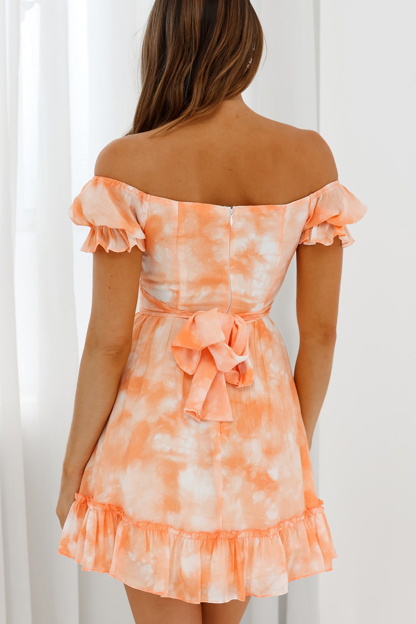 Linka Off-Shoulder Tie Back Dress Marbled Tie-Dye Orange-Maymioy