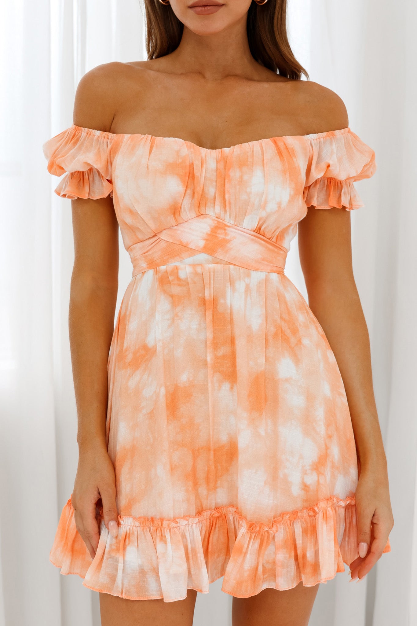 Linka Off-Shoulder Tie Back Dress Marbled Tie-Dye Orange-Maymioy