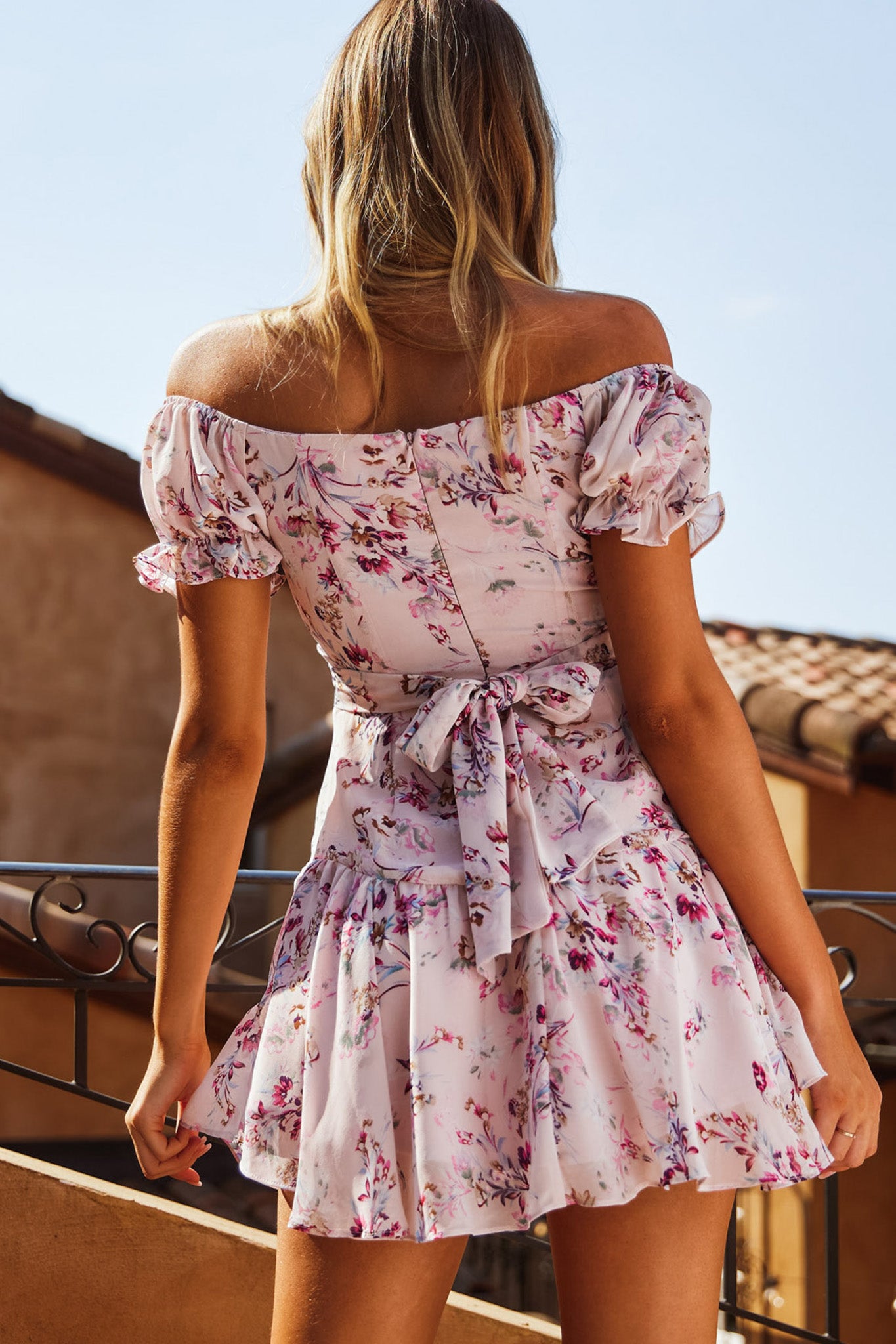 Linka Off-Shoulder Tie Back Fluted Hem Dress Ornate Floral Print Pink-Maymioy