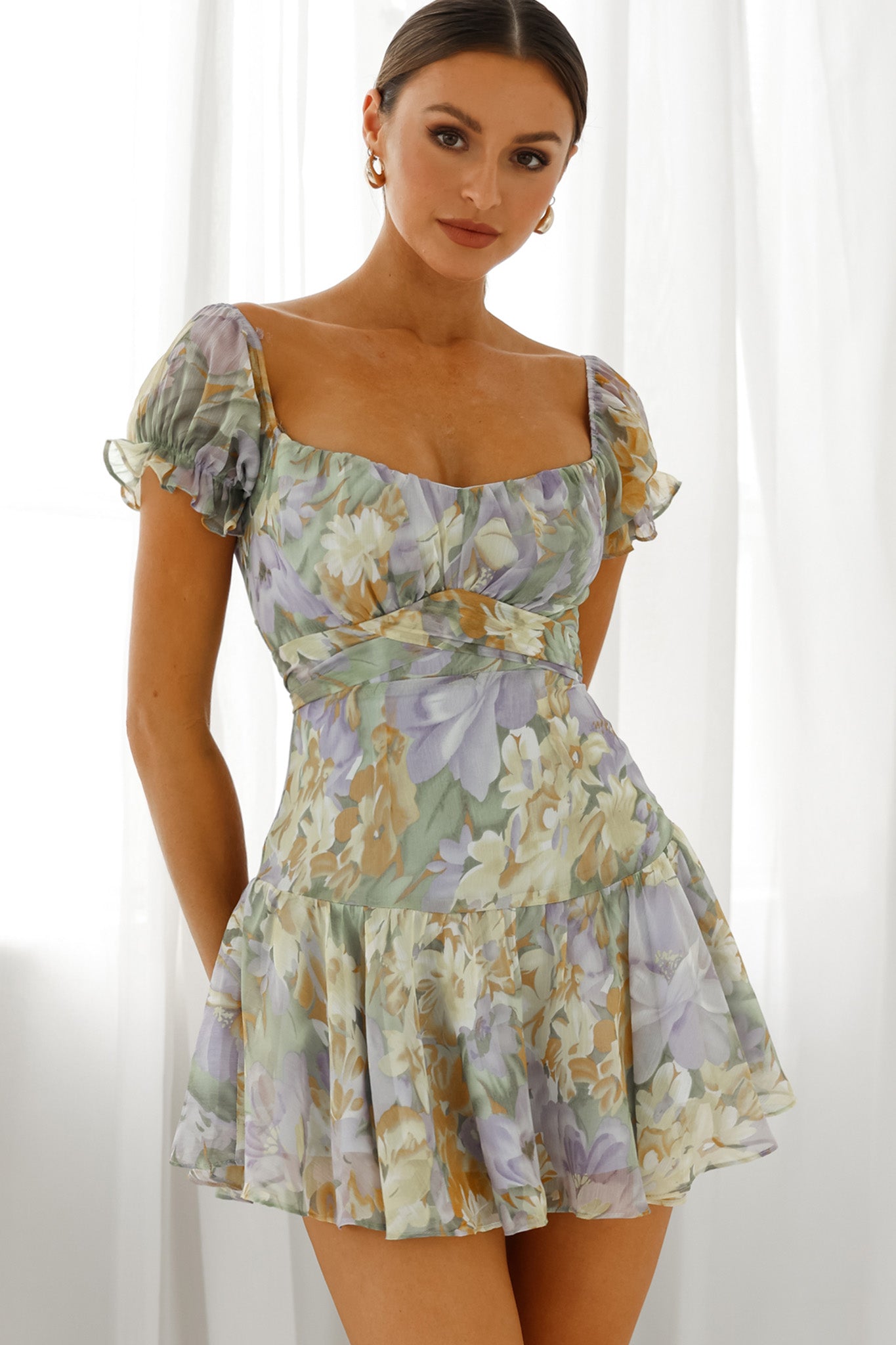 Linka Off-Shoulder Tie Back Fluted Hem Dress Floral Print Yellow-Maymioy