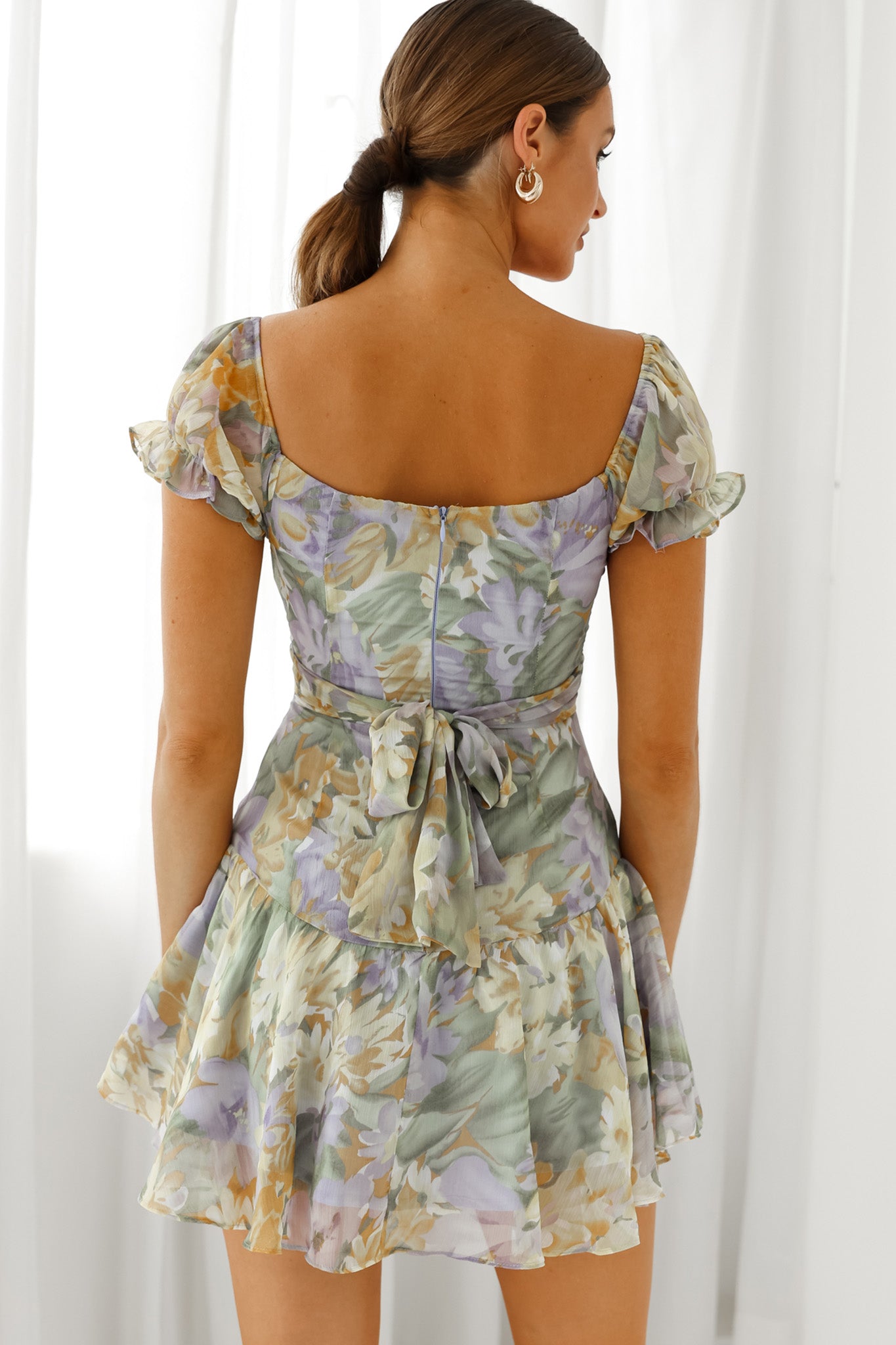Linka Off-Shoulder Tie Back Fluted Hem Dress Floral Print Yellow-Maymioy