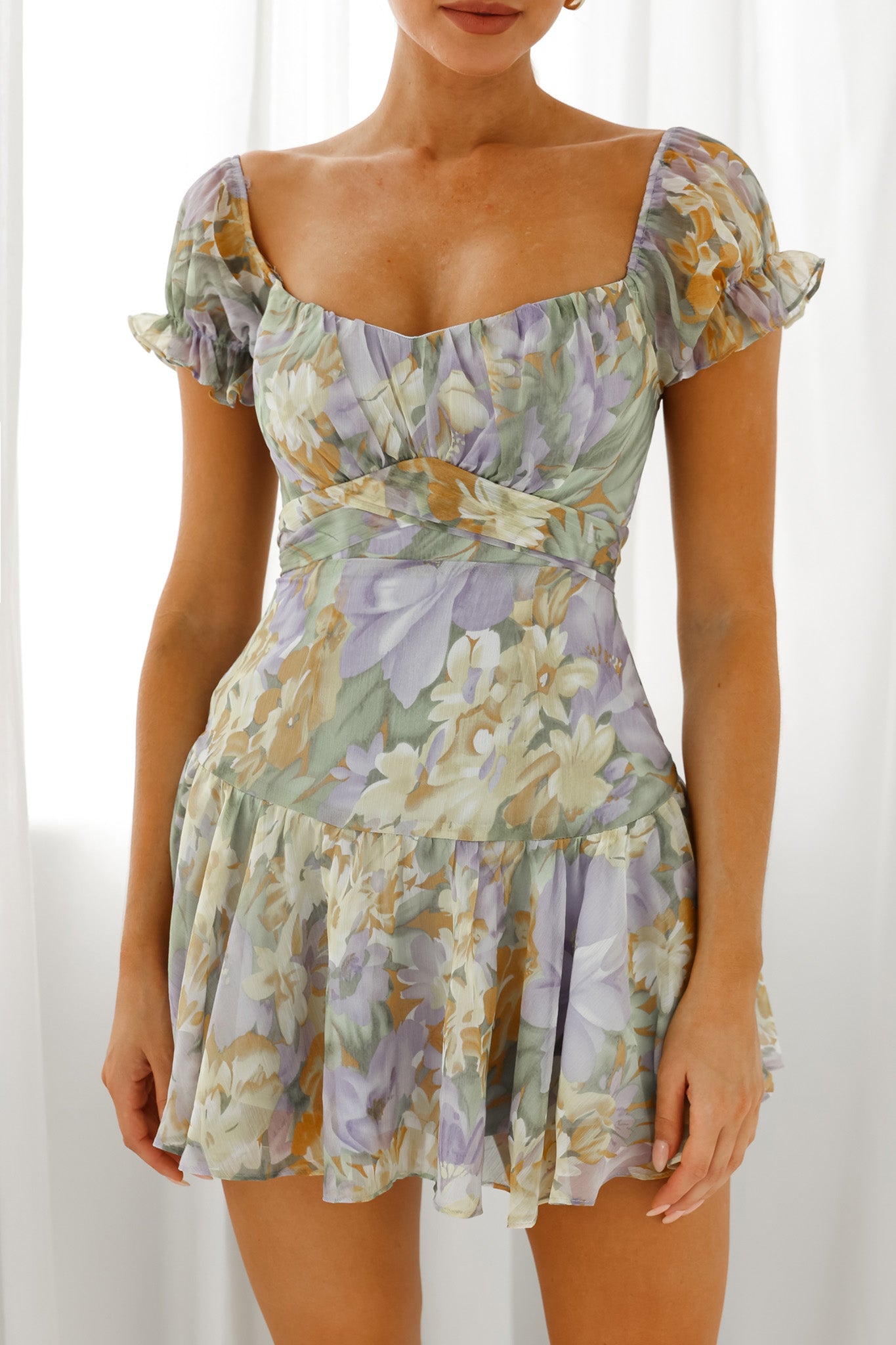 Linka Off-Shoulder Tie Back Fluted Hem Dress Floral Print Yellow-Maymioy