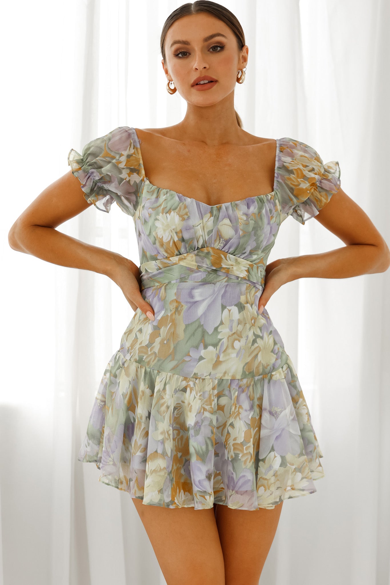 Linka Off-Shoulder Tie Back Fluted Hem Dress Floral Print Yellow-Maymioy