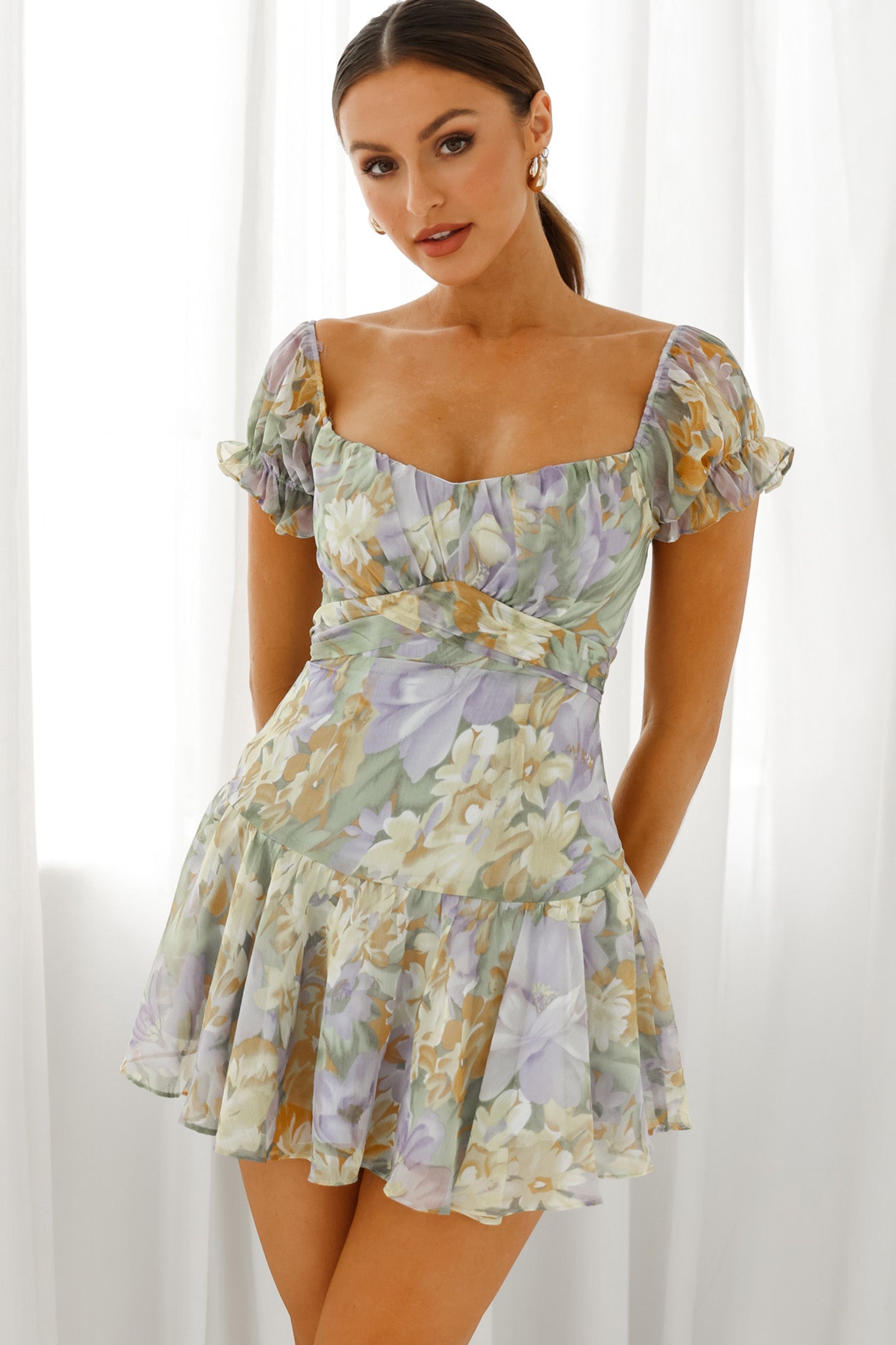 Linka Off-Shoulder Tie Back Fluted Hem Dress Floral Print Yellow-Maymioy