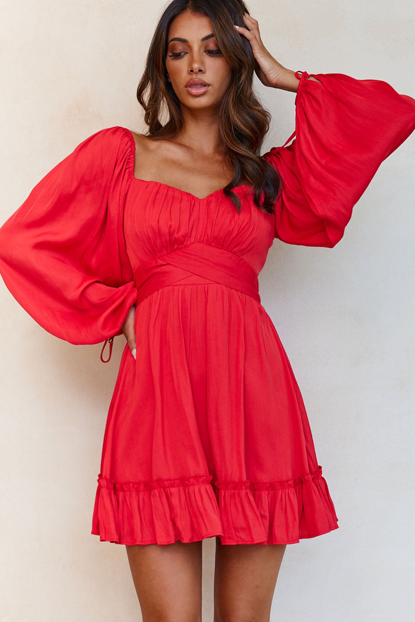 Linka On Or Off-Shoulder Long Sleeve Tie-Back Dress Red-Maymioy