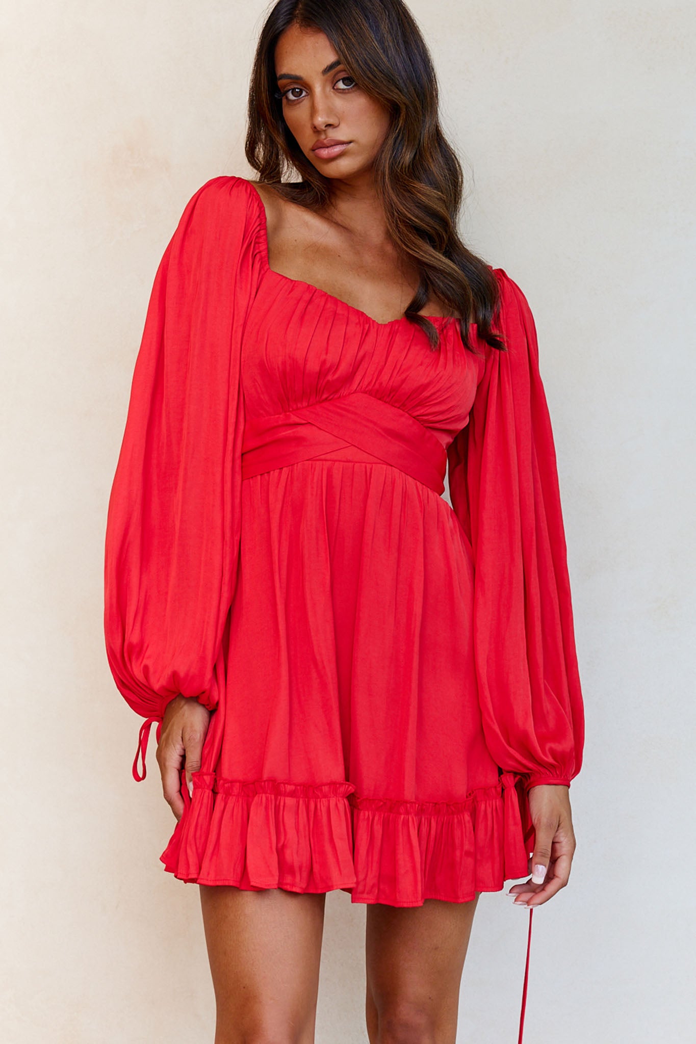 Linka On Or Off-Shoulder Long Sleeve Tie-Back Dress Red-Maymioy