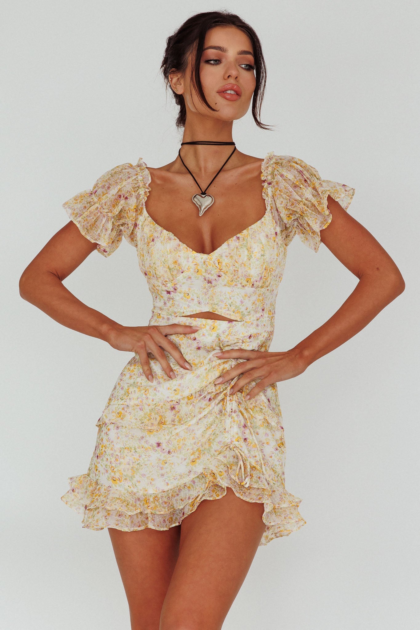 Linka Drawstring Detail Frill Dress Floral Beige-Maymioy