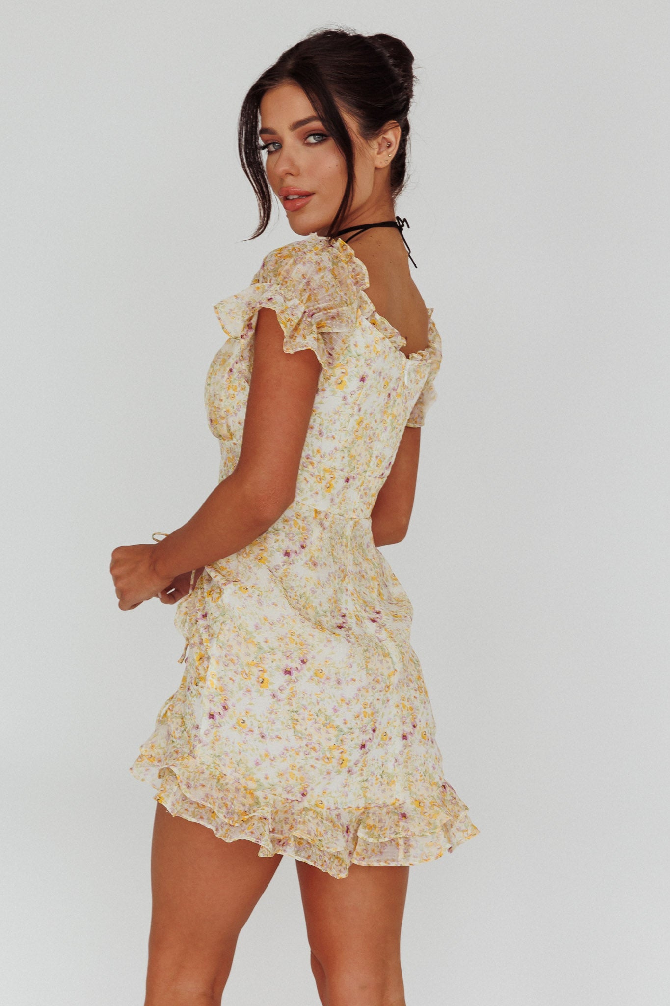 Linka Drawstring Detail Frill Dress Floral Beige-Maymioy