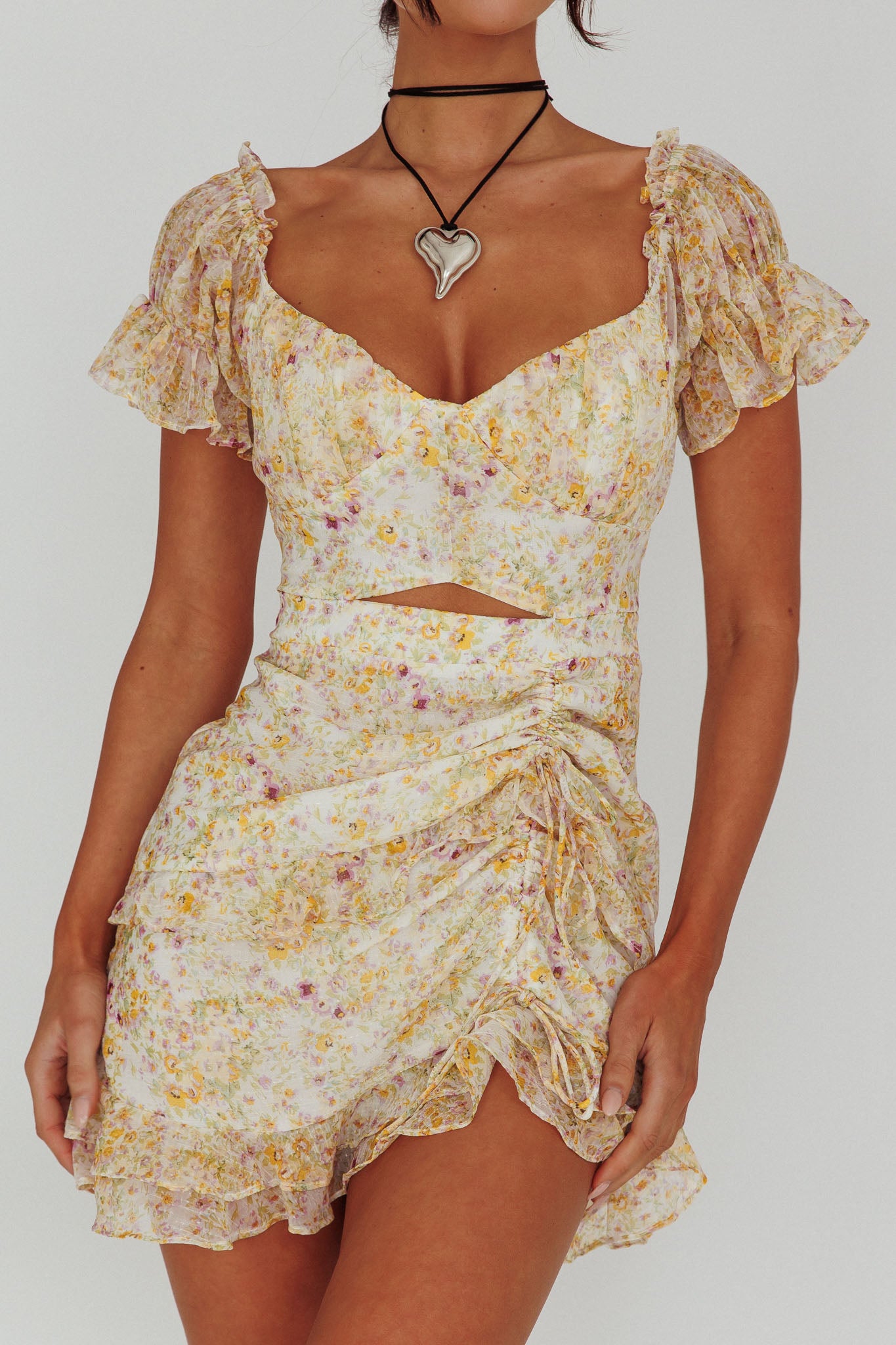 Linka Drawstring Detail Frill Dress Floral Beige-Maymioy
