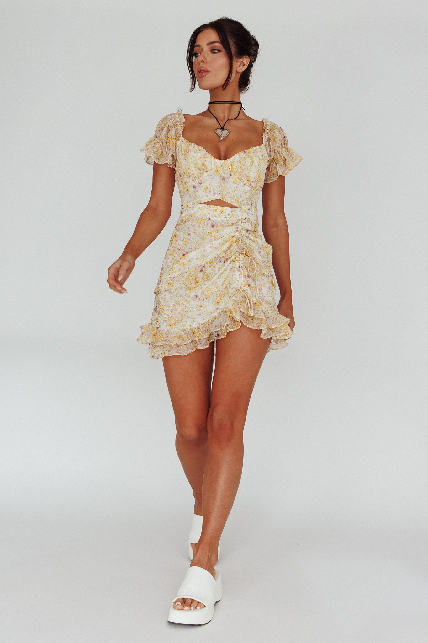 Linka Drawstring Detail Frill Dress Floral Beige-Maymioy