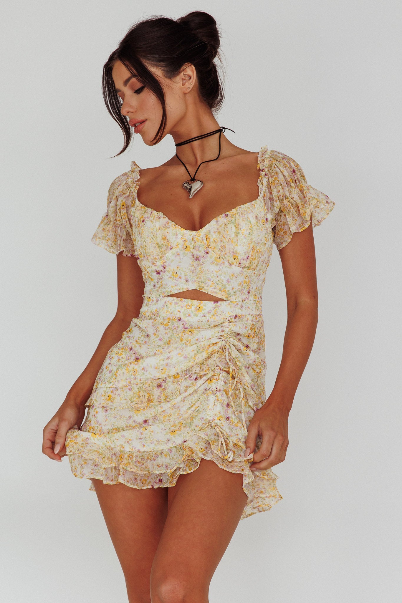 Linka Drawstring Detail Frill Dress Floral Beige-Maymioy