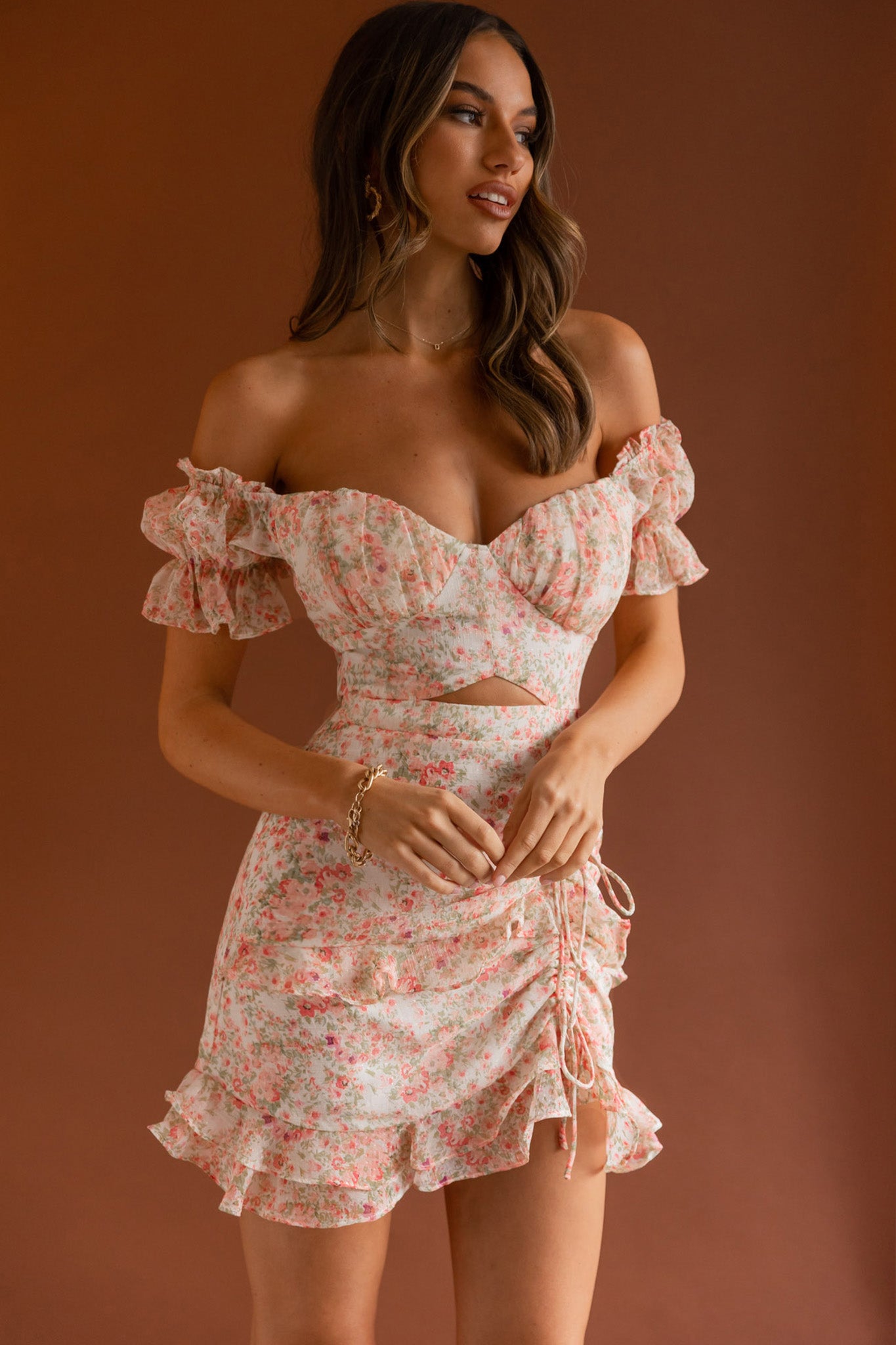 Linka Drawstring Detail Frill Dress Floral Blush-Maymioy