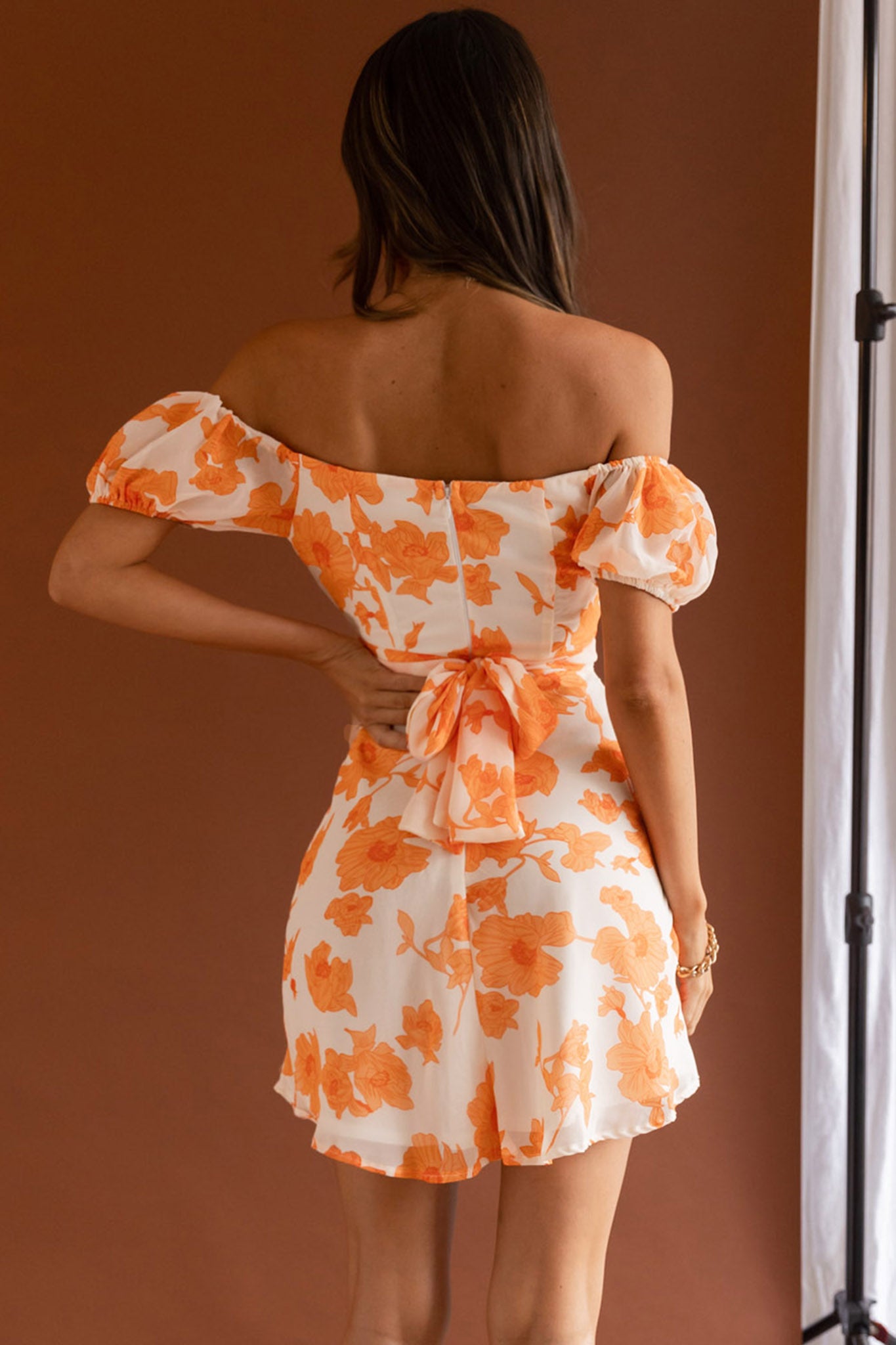 Linka Puff Sleeve Waist Tie Dress Floral Orange-Maymioy