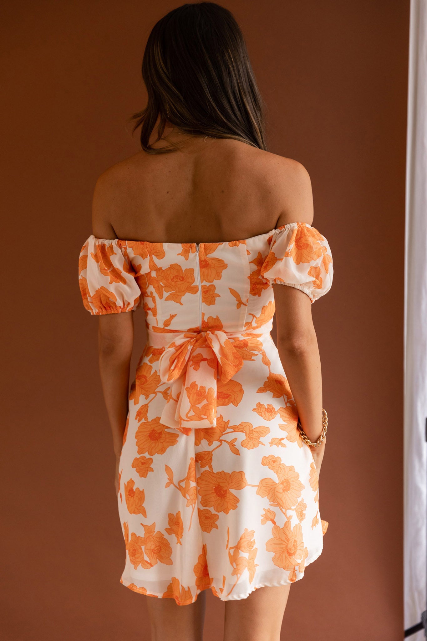 Linka Puff Sleeve Waist Tie Dress Floral Orange-Maymioy