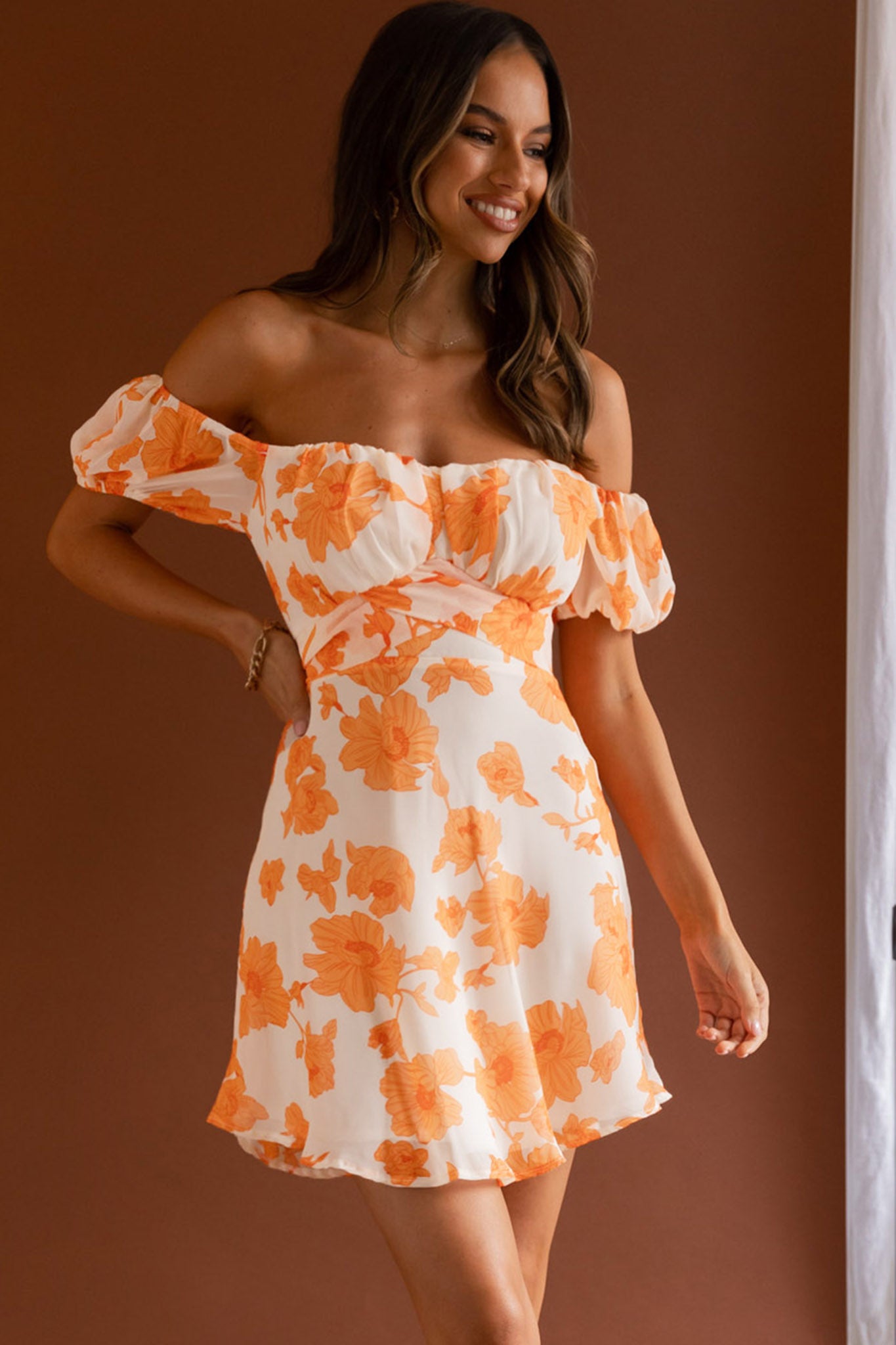 Linka Puff Sleeve Waist Tie Dress Floral Orange-Maymioy