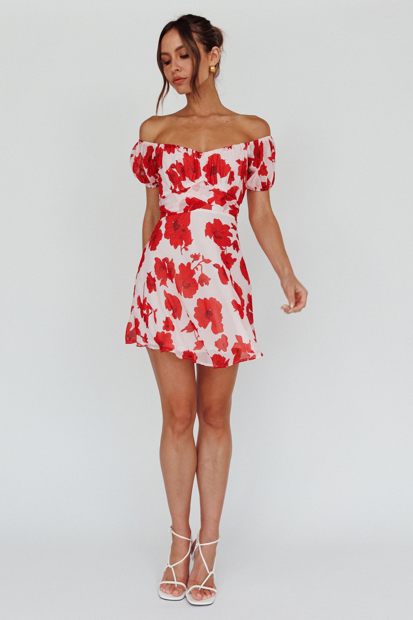 Linka Puff Sleeve Waist Tie Dress Floral Red-Maymioy