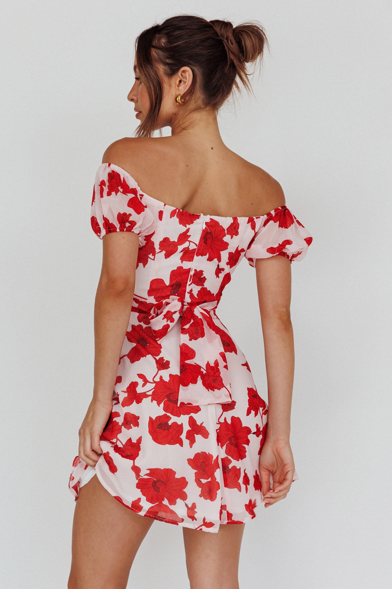 Linka Puff Sleeve Waist Tie Dress Floral Red-Maymioy