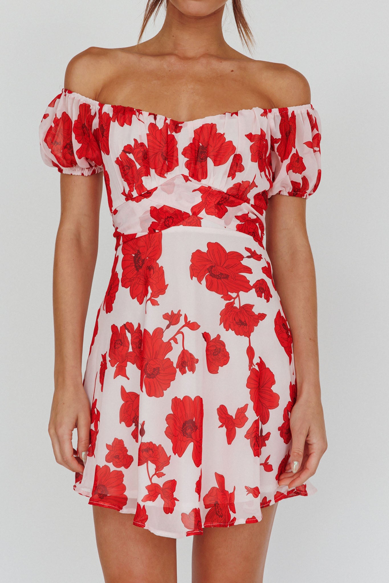 Linka Puff Sleeve Waist Tie Dress Floral Red-Maymioy
