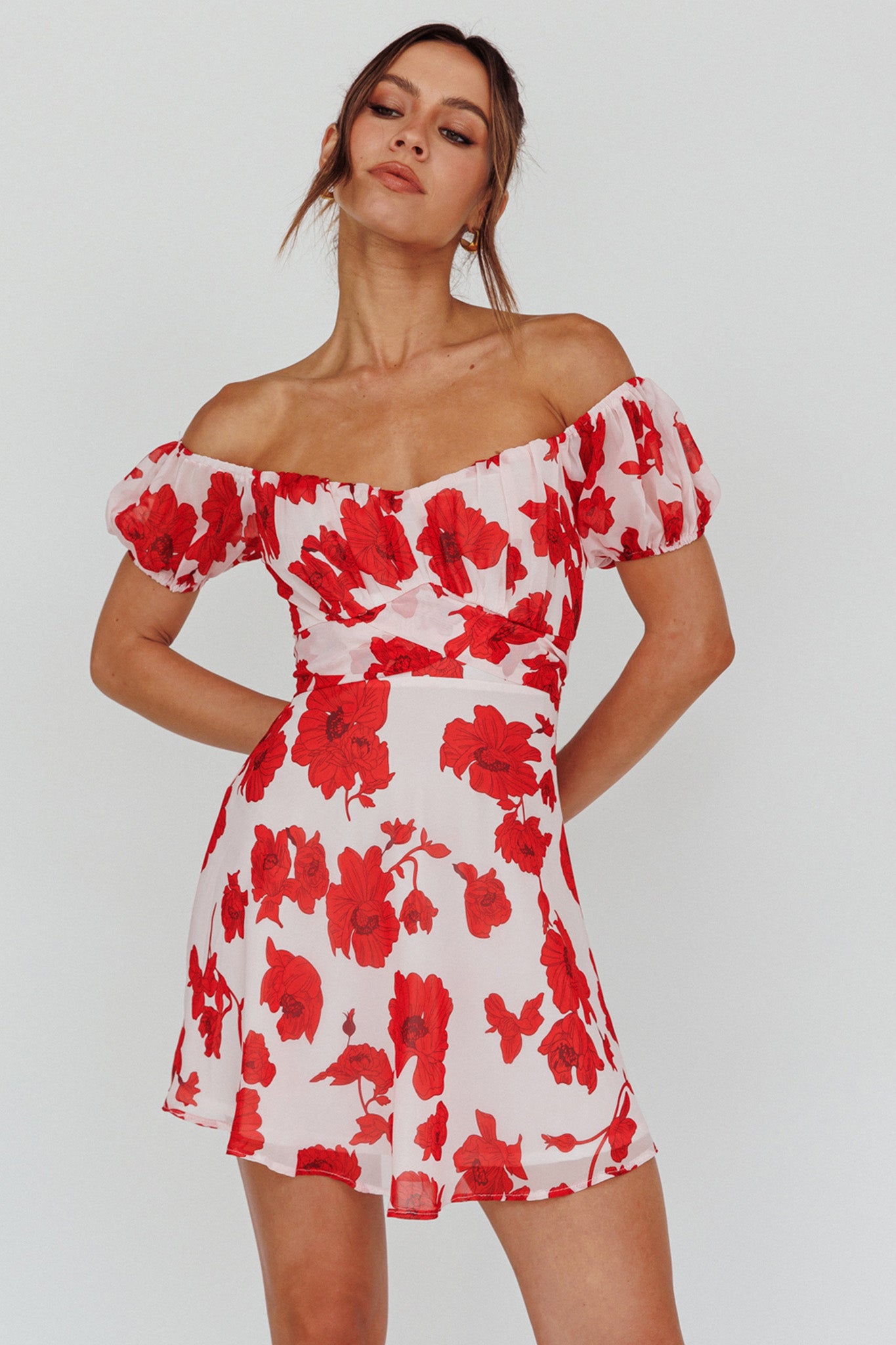 Linka Puff Sleeve Waist Tie Dress Floral Red-Maymioy