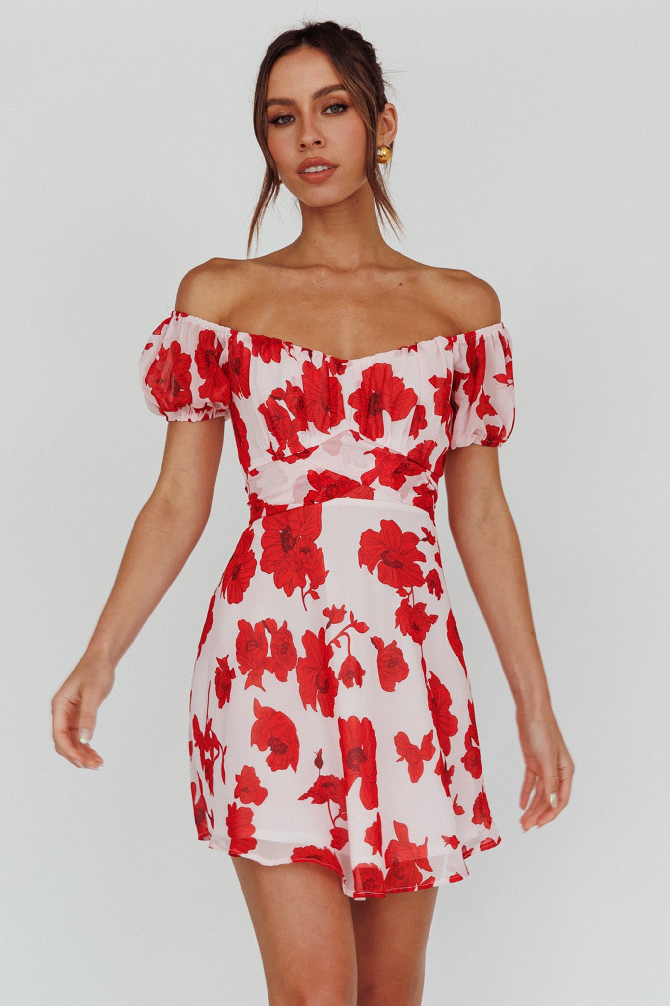 Linka Puff Sleeve Waist Tie Dress Floral Red-Maymioy